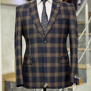 Men's Plaid Blazer - Brown and Navy Blue